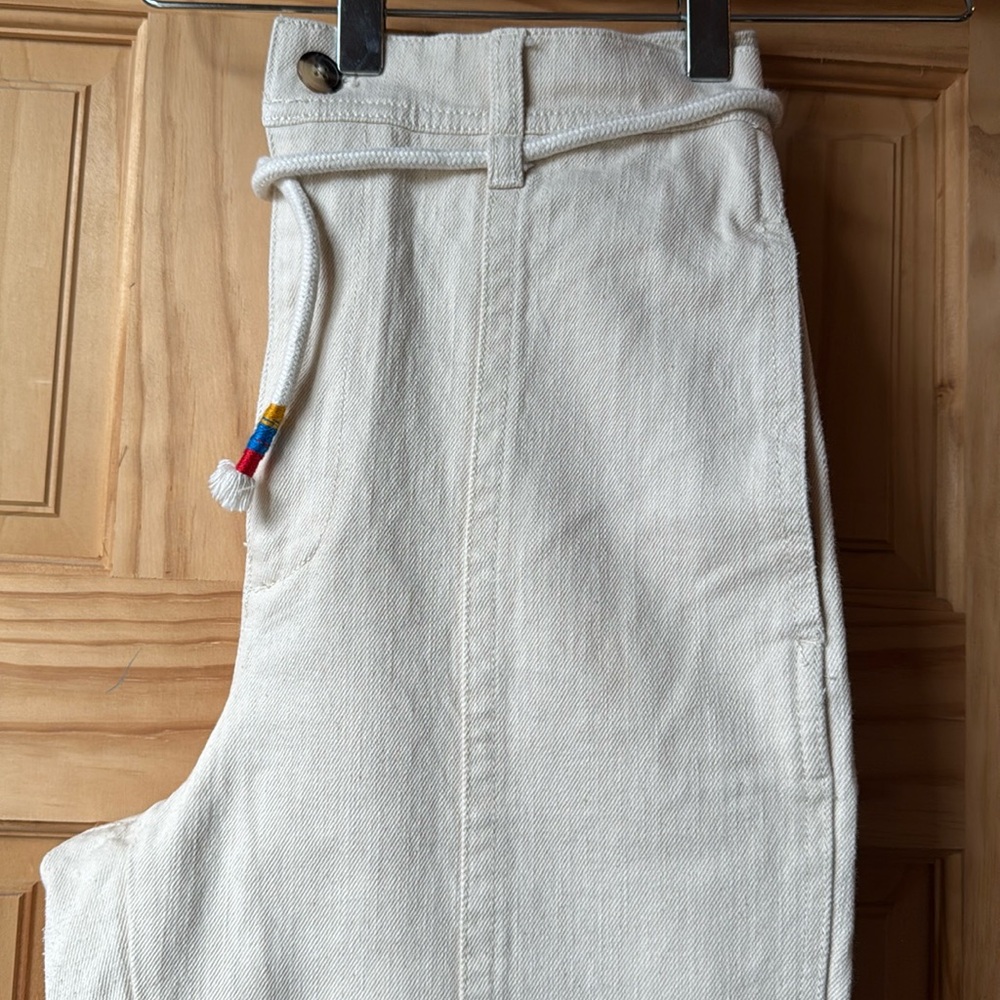 Madewell White, ecru jeans, high-rise, drawstring, red, yellow blue detail crop